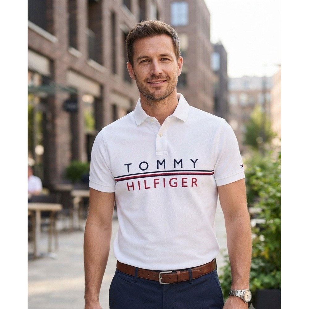 Tommy Hilfiger Mens Custom Fit Logo Polo Shirt White Small Short Sleeve Pique